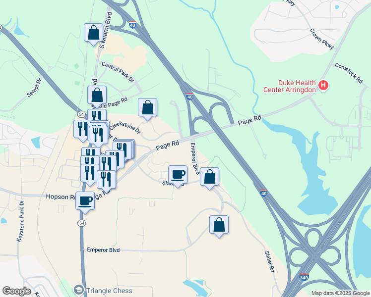 map of restaurants, bars, coffee shops, grocery stores, and more near 4851 Emperor Boulevard in Durham