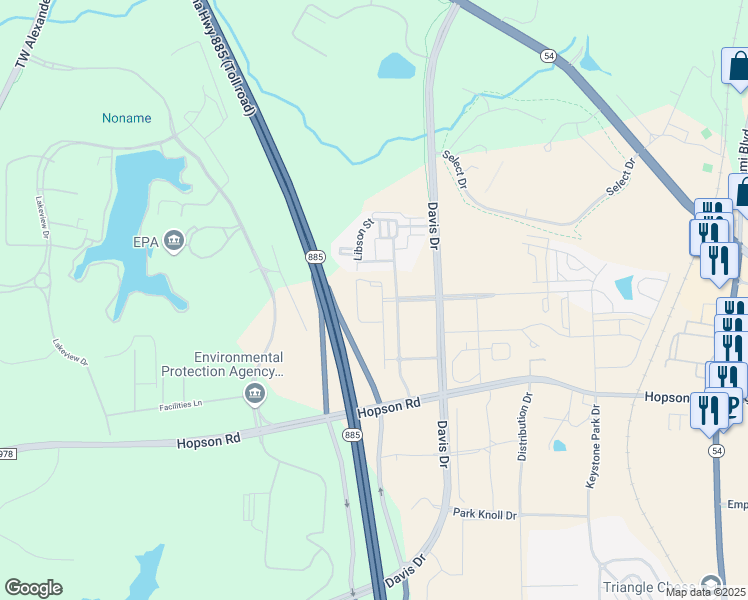 map of restaurants, bars, coffee shops, grocery stores, and more near 362 Davis Drive in Morrisville