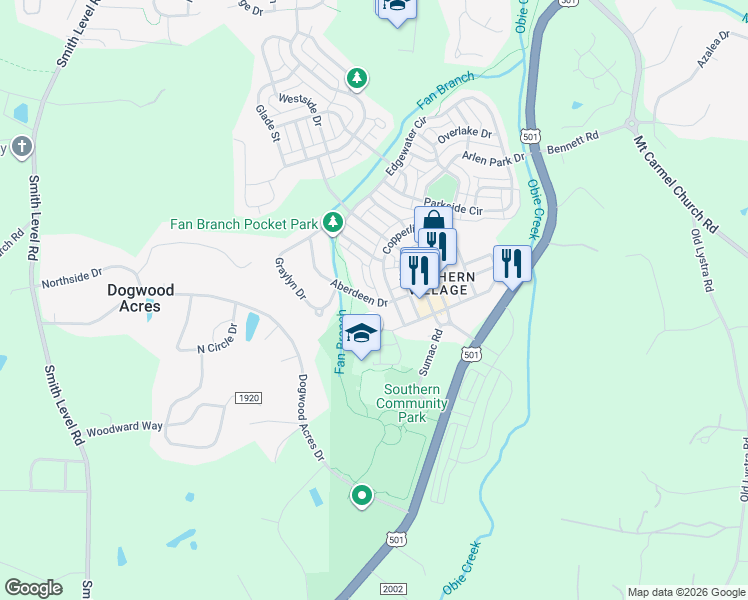map of restaurants, bars, coffee shops, grocery stores, and more near 708 Copperline Drive in Chapel Hill