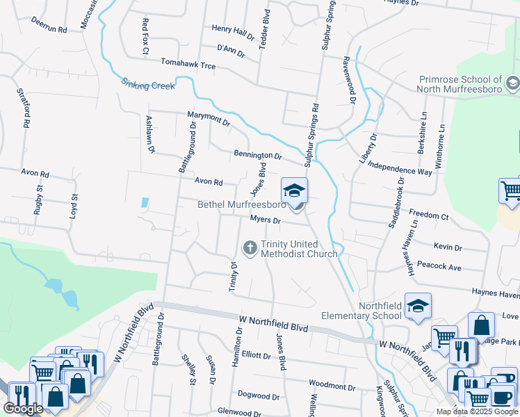 map of restaurants, bars, coffee shops, grocery stores, and more near 1207 Grassmere Court in Murfreesboro