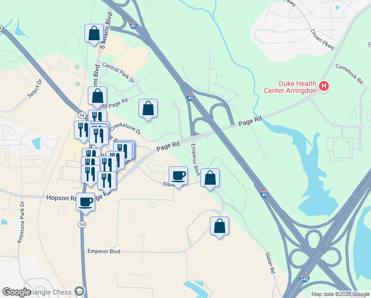 map of restaurants, bars, coffee shops, grocery stores, and more near 4851 Emperor Boulevard in Durham