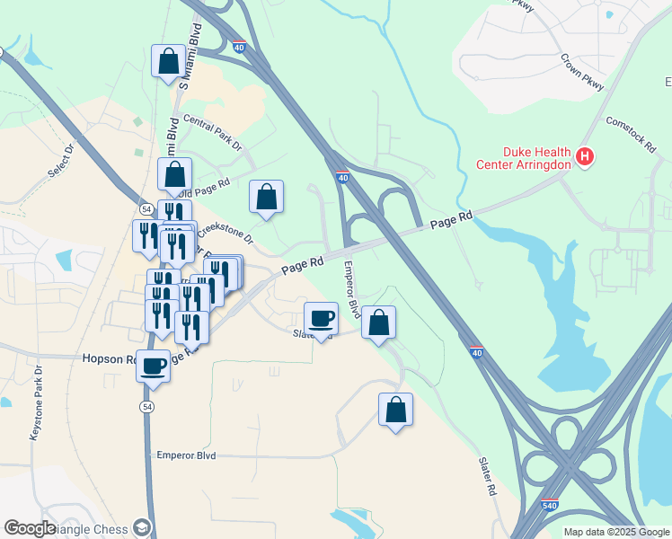 map of restaurants, bars, coffee shops, grocery stores, and more near 4819 Emperor Boulevard in Durham
