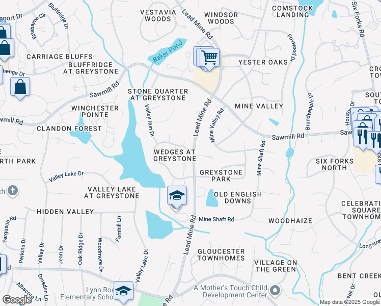 map of restaurants, bars, coffee shops, grocery stores, and more near 1812 Wedgeland Drive in Raleigh