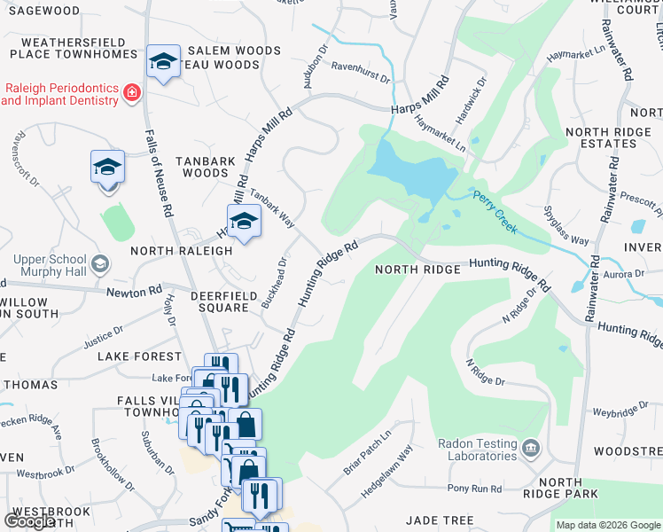 map of restaurants, bars, coffee shops, grocery stores, and more near 1309 Camille Court in Raleigh