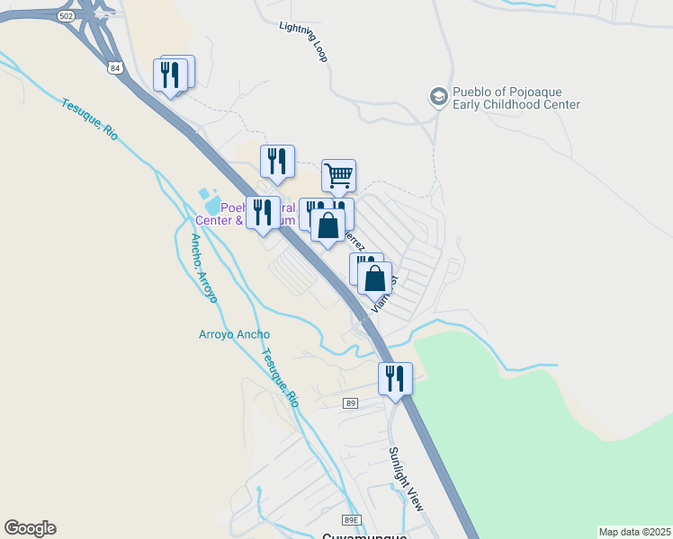 map of restaurants, bars, coffee shops, grocery stores, and more near 96 Cities of Gold Road in Santa Fe