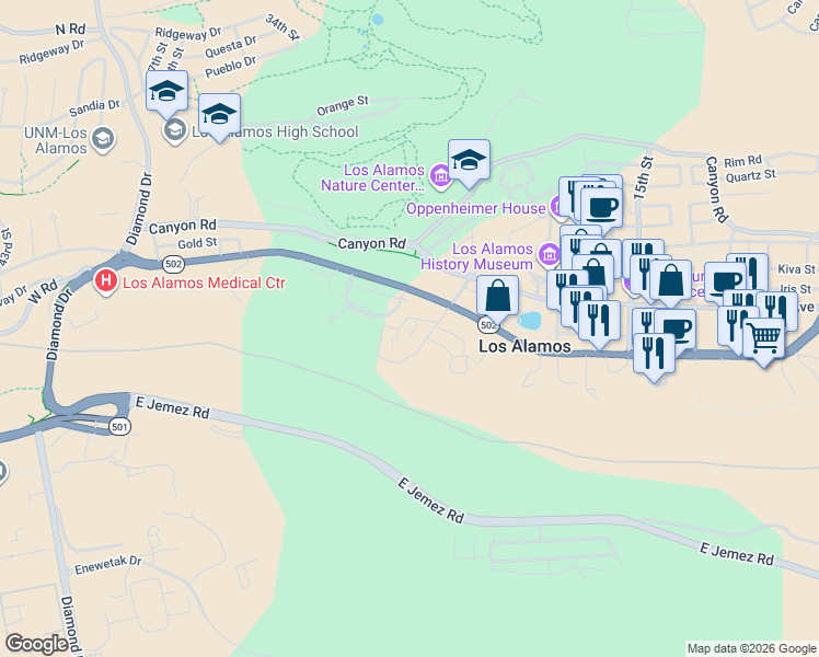 map of restaurants, bars, coffee shops, grocery stores, and more near 505 Oppenheimer Drive in Los Alamos