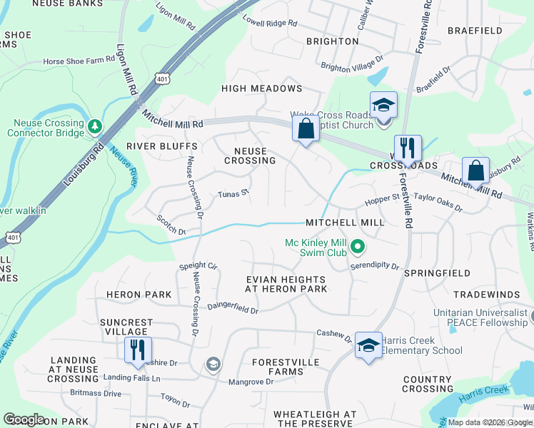 map of restaurants, bars, coffee shops, grocery stores, and more near 3205 Enchanting Way in Raleigh