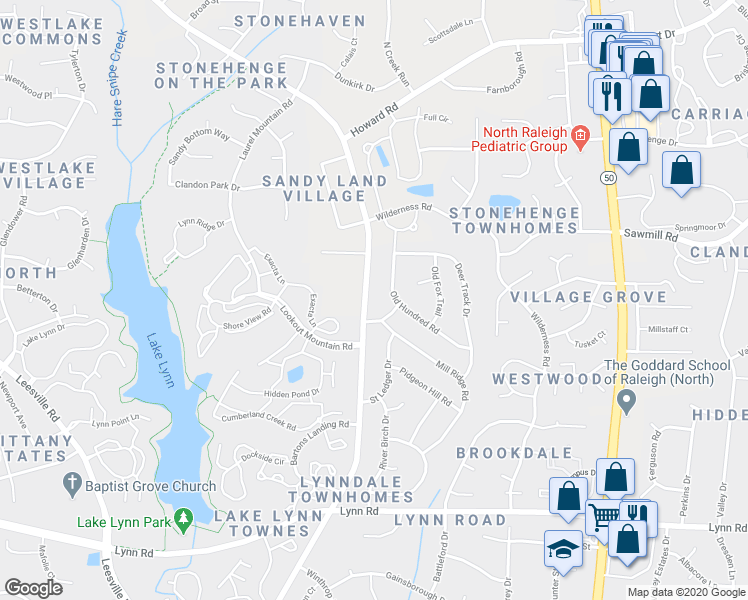 map of restaurants, bars, coffee shops, grocery stores, and more near 7401 Thorn Ridge Road in Raleigh
