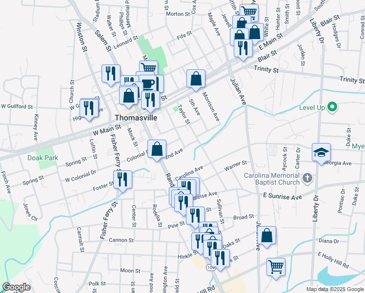 map of restaurants, bars, coffee shops, grocery stores, and more near 209 Randolph Street in Thomasville