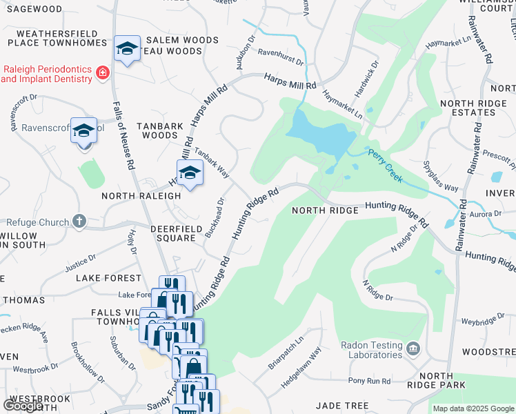 map of restaurants, bars, coffee shops, grocery stores, and more near 1312 Hunting Ridge Road in Raleigh