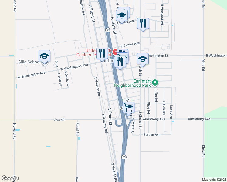 map of restaurants, bars, coffee shops, grocery stores, and more near 540 South Front Street in Earlimart
