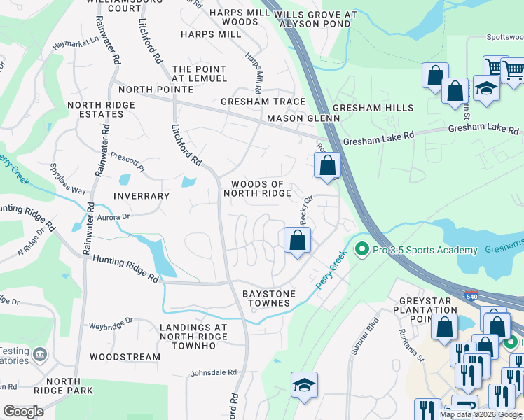 map of restaurants, bars, coffee shops, grocery stores, and more near 2340 Declaration Drive in Raleigh
