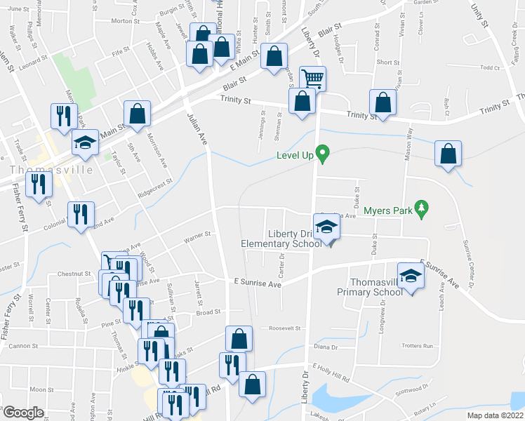 map of restaurants, bars, coffee shops, grocery stores, and more near 300 Aycock Street in Thomasville
