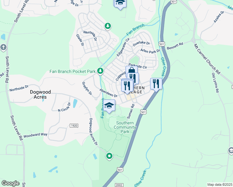 map of restaurants, bars, coffee shops, grocery stores, and more near 604 Copperline Drive in Chapel Hill