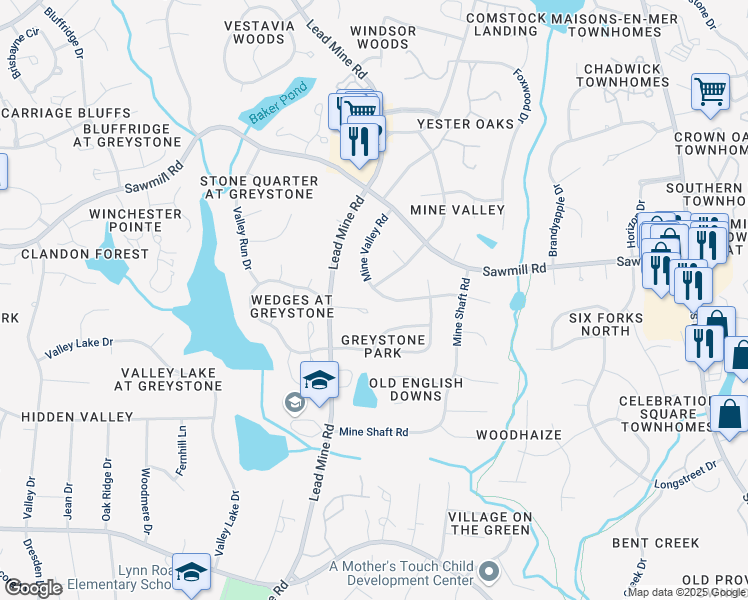 map of restaurants, bars, coffee shops, grocery stores, and more near 7312 Lead Mine Road in Raleigh