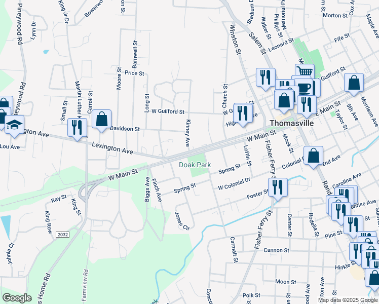 map of restaurants, bars, coffee shops, grocery stores, and more near West Main Street in Thomasville