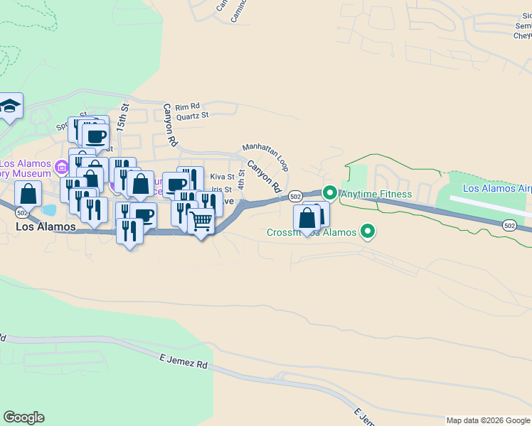 map of restaurants, bars, coffee shops, grocery stores, and more near 120 Dp Road in Los Alamos