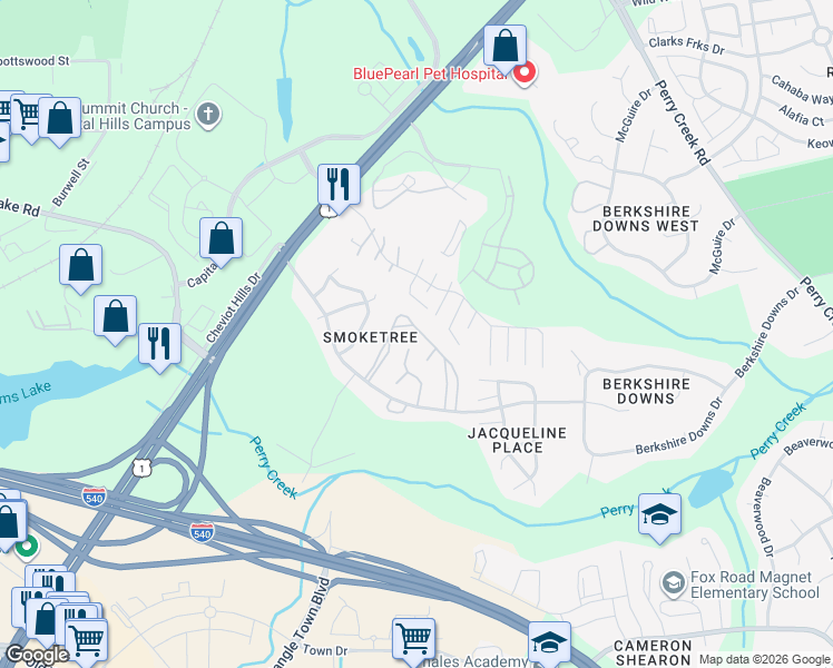 map of restaurants, bars, coffee shops, grocery stores, and more near 7313 Ewing Place in Raleigh