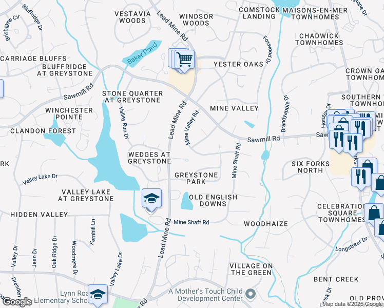 map of restaurants, bars, coffee shops, grocery stores, and more near 7312 Lead Mine Road in Raleigh