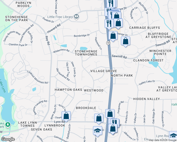 map of restaurants, bars, coffee shops, grocery stores, and more near 7309 Wilderness Road in Raleigh