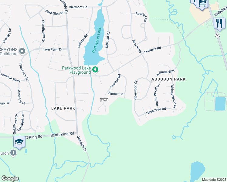 map of restaurants, bars, coffee shops, grocery stores, and more near 1318 Elmset Lane in Durham