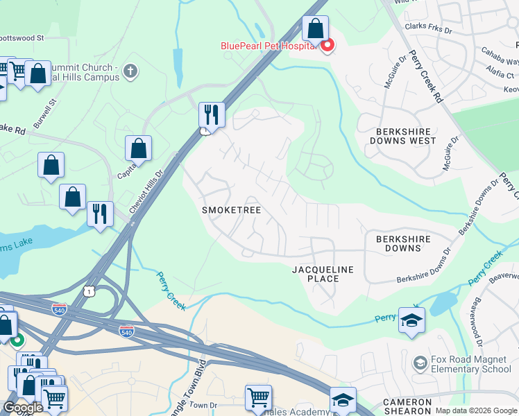 map of restaurants, bars, coffee shops, grocery stores, and more near 7313 Ewing Place in Raleigh