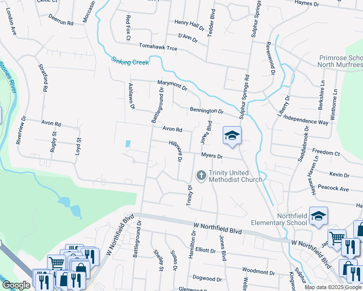 map of restaurants, bars, coffee shops, grocery stores, and more near 2406 Hillmont Drive in Murfreesboro