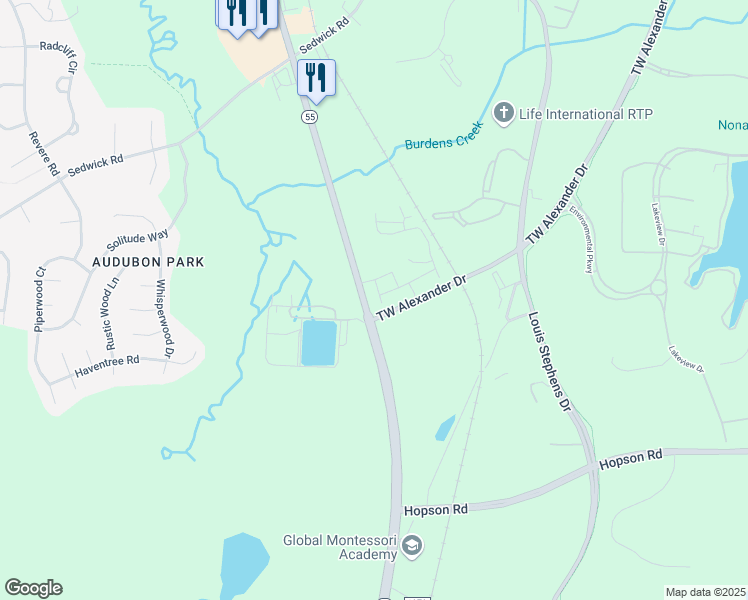 map of restaurants, bars, coffee shops, grocery stores, and more near 5926 North Carolina 55 in Durham