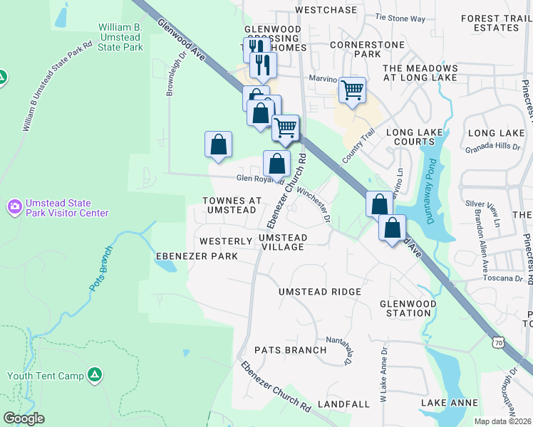 map of restaurants, bars, coffee shops, grocery stores, and more near 7734 Astoria Place in Raleigh