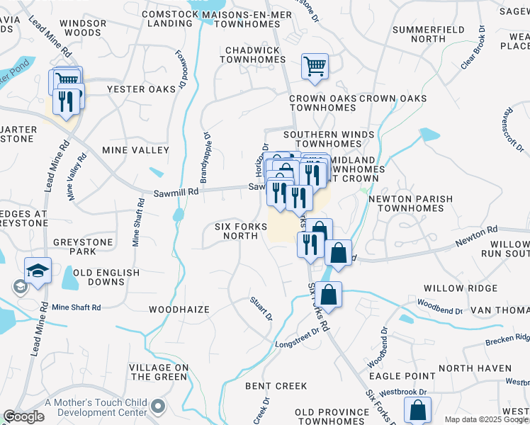 map of restaurants, bars, coffee shops, grocery stores, and more near 7708 Longstreet Drive in Raleigh