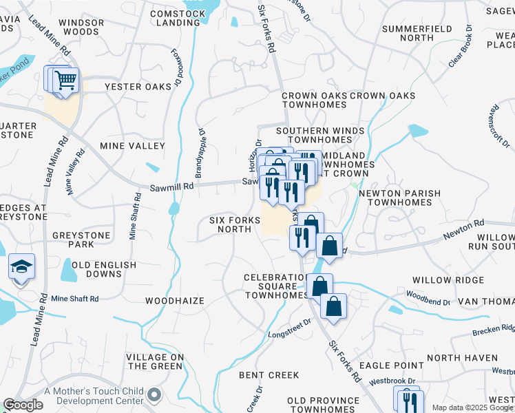 map of restaurants, bars, coffee shops, grocery stores, and more near 7708 Longstreet Drive in Raleigh