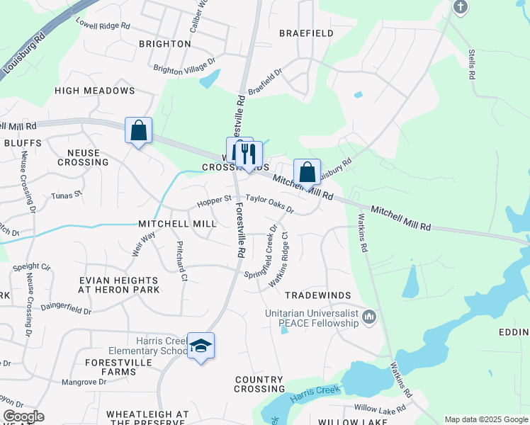 map of restaurants, bars, coffee shops, grocery stores, and more near 3511 Watkins Ridge Court in Raleigh