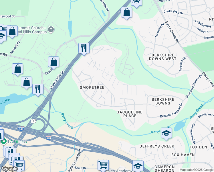map of restaurants, bars, coffee shops, grocery stores, and more near 4713 Draper Road in Raleigh