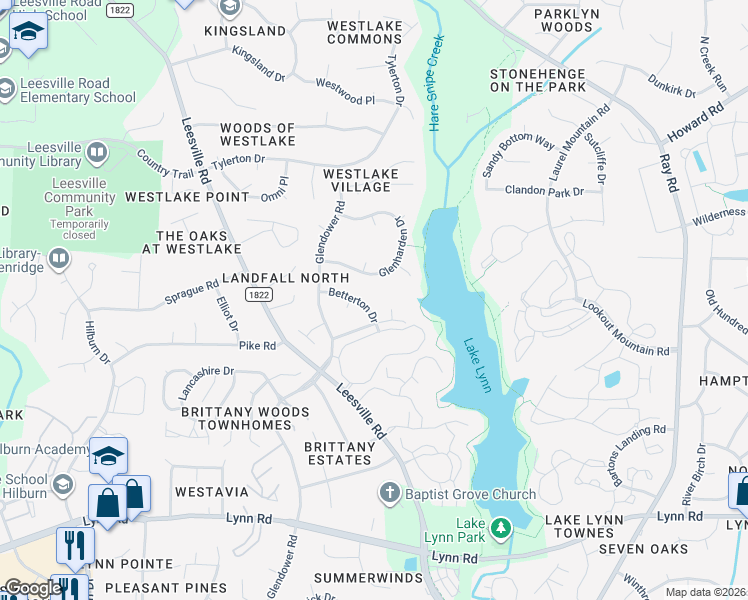 map of restaurants, bars, coffee shops, grocery stores, and more near 7500 Glenharden Drive in Raleigh