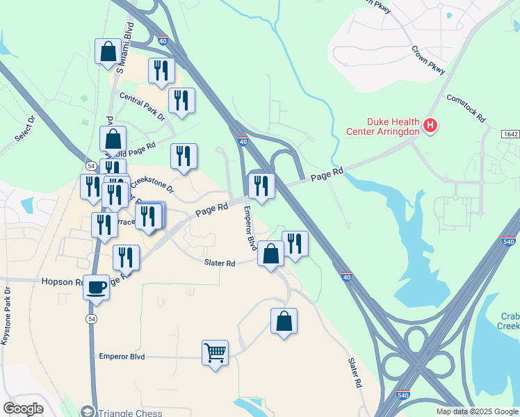 map of restaurants, bars, coffee shops, grocery stores, and more near 4820 Emperor Boulevard in Durham