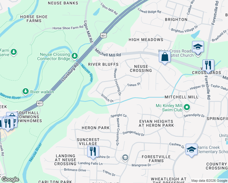 map of restaurants, bars, coffee shops, grocery stores, and more near 3425 Red Bay Drive in Raleigh