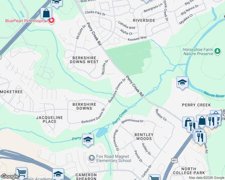 map of restaurants, bars, coffee shops, grocery stores, and more near 7436 Berkshire Downs Drive in Raleigh