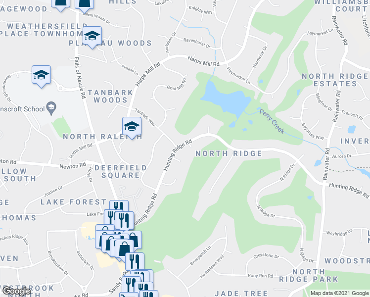 map of restaurants, bars, coffee shops, grocery stores, and more near 1405 Hunting Ridge Road in Raleigh