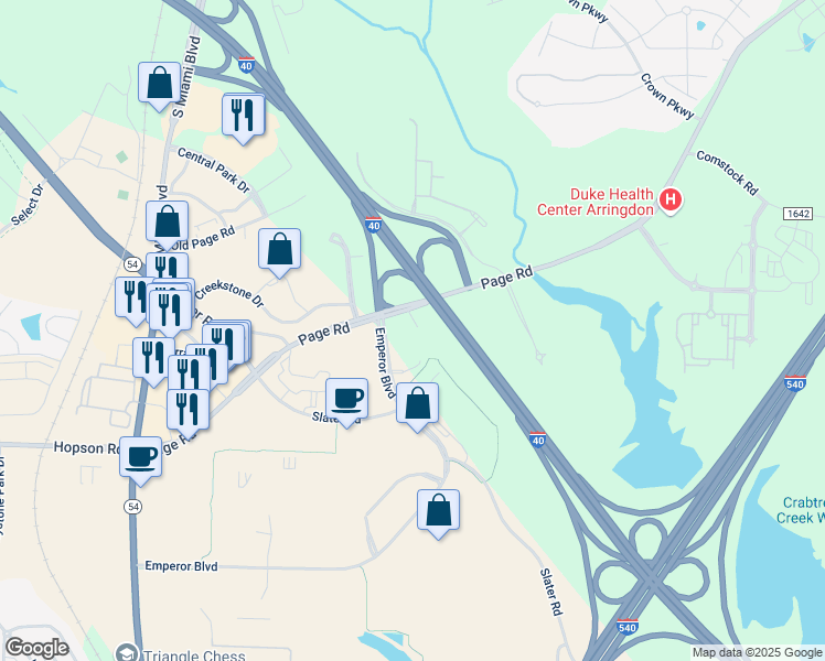 map of restaurants, bars, coffee shops, grocery stores, and more near 5208 Page Rd in Durham