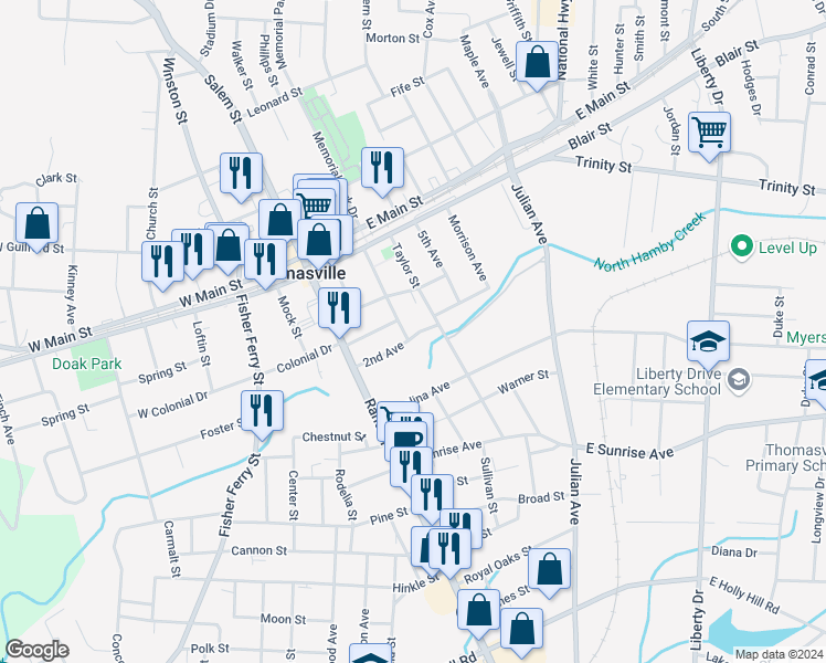 map of restaurants, bars, coffee shops, grocery stores, and more near 104 Taylor Street in Thomasville