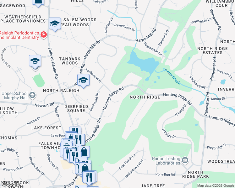 map of restaurants, bars, coffee shops, grocery stores, and more near 1405 Hunting Ridge Road in Raleigh