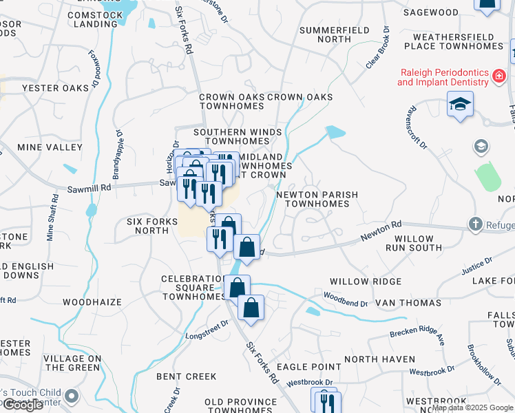 map of restaurants, bars, coffee shops, grocery stores, and more near 7279 Sandy Creek Drive in Raleigh