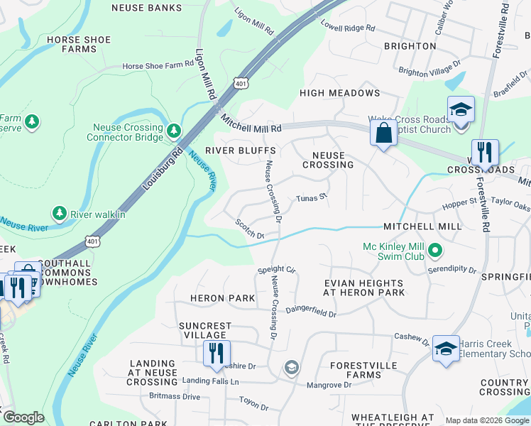 map of restaurants, bars, coffee shops, grocery stores, and more near 3425 Red Bay Drive in Raleigh