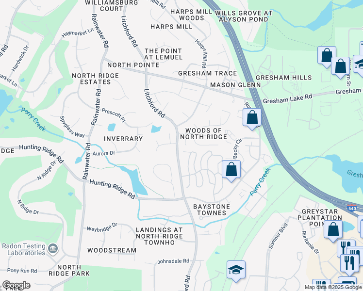 map of restaurants, bars, coffee shops, grocery stores, and more near 7309 Massachusetts Court in Raleigh