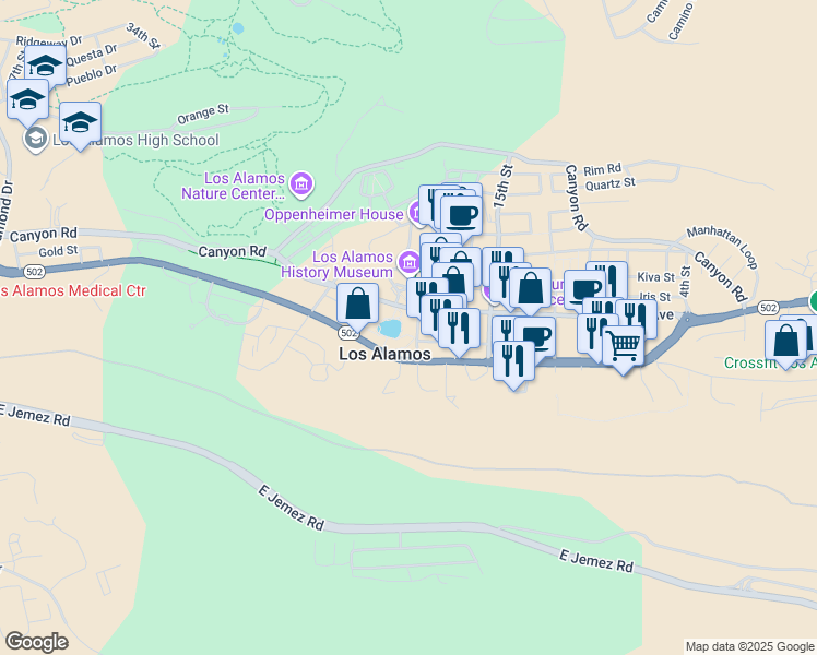 map of restaurants, bars, coffee shops, grocery stores, and more near 475 20th Street in Los Alamos