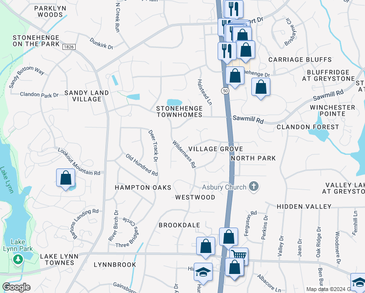 map of restaurants, bars, coffee shops, grocery stores, and more near 7404 Wilderness Road in Raleigh