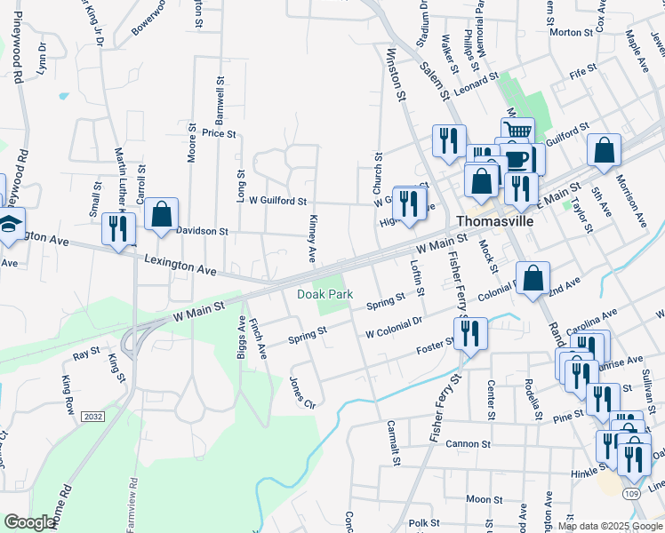 map of restaurants, bars, coffee shops, grocery stores, and more near West Main Street in Thomasville