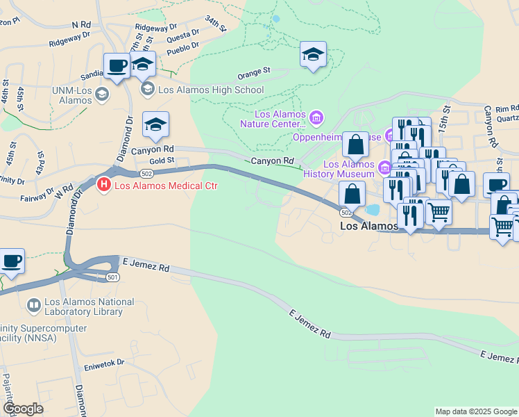 map of restaurants, bars, coffee shops, grocery stores, and more near 30 Timber Ridge Road in Los Alamos