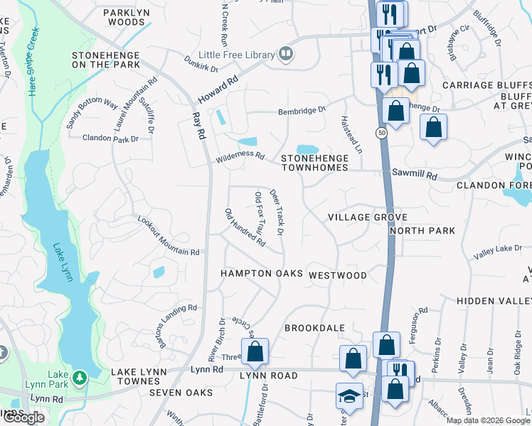 map of restaurants, bars, coffee shops, grocery stores, and more near 7501 Old Fox Trail in Raleigh