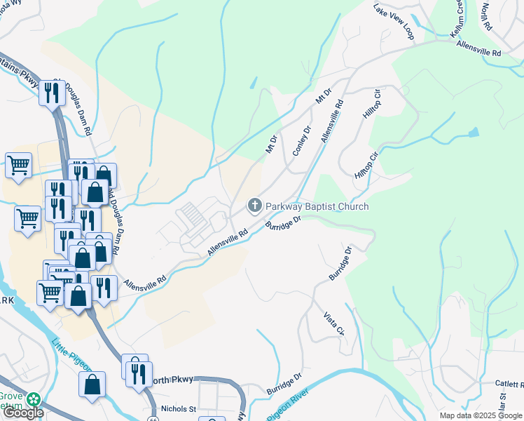 map of restaurants, bars, coffee shops, grocery stores, and more near 330 Conley Drive in Sevierville